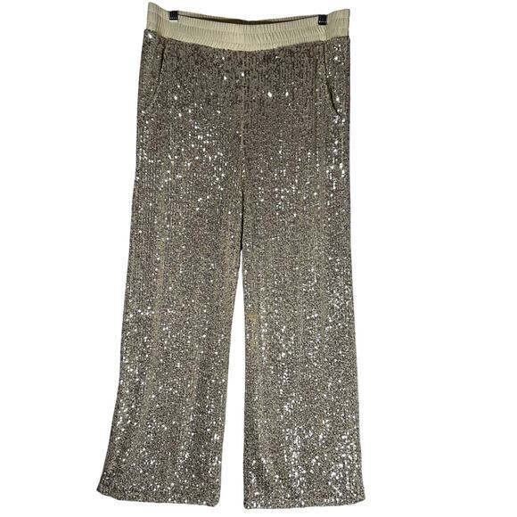 Boston Proper Pants - Boston Proper Sequin Wide Leg Pants Sz M Champagne Elastic Waist Stretch Shimmer